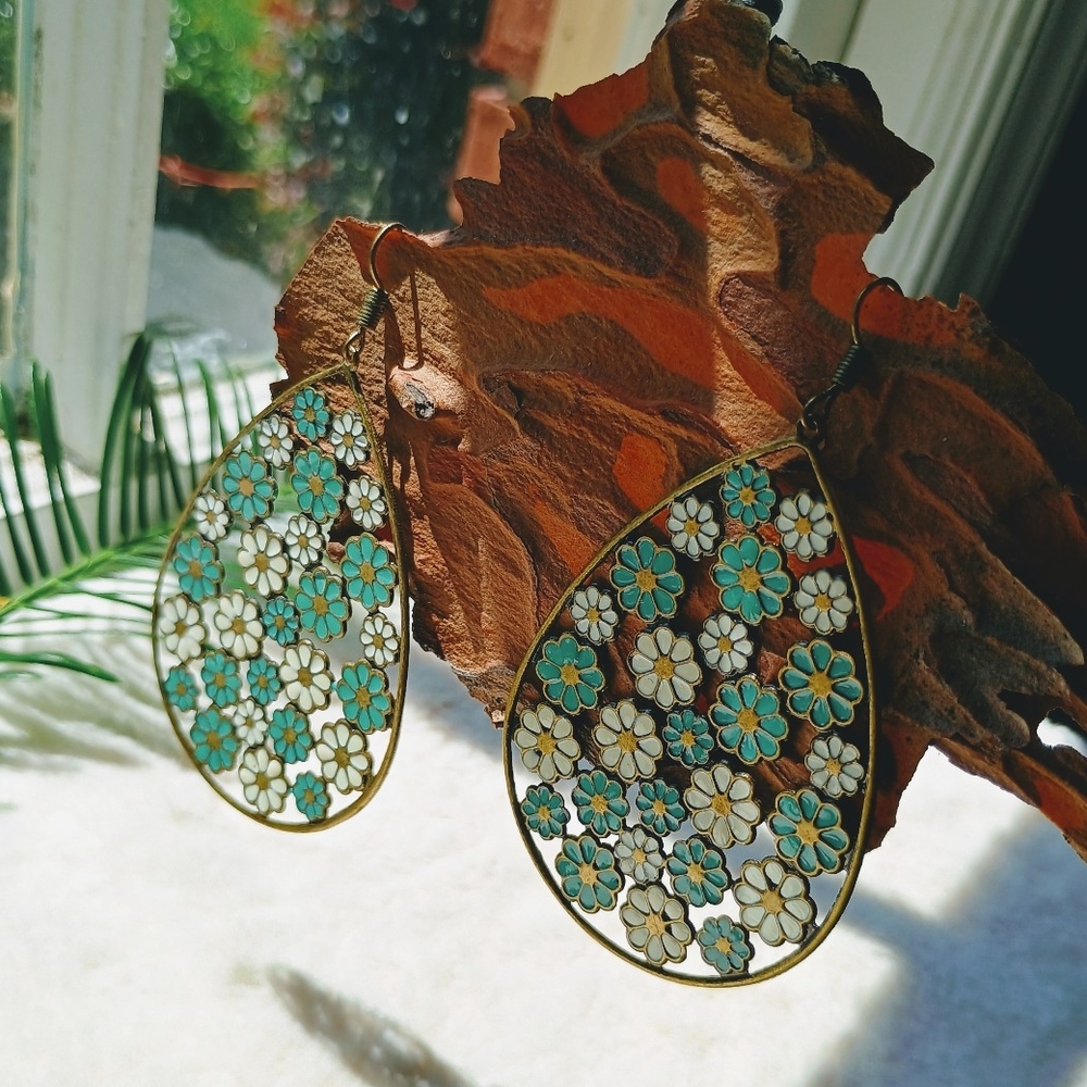 Large Faux Enamel Bronze Tone Teardrop Dangle Earrings, boho, Southwestern, Boho - Picture 2 of 6